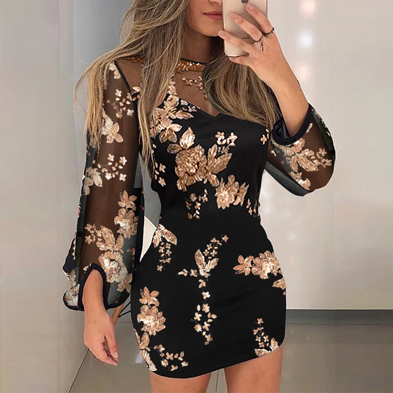 

Female High Street Hip Warp Dress Elegant Flower Embroidery Bodycon Mini Dress Sexy O Neck Mesh Long Sleeve Party Dress Vestidos
