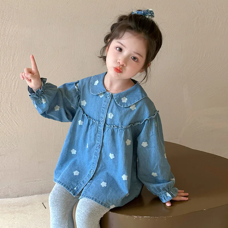여아용 꽃무늬 데님 셔츠 봄 가을 아동 한국 패션 캐주얼 상의 어린이 봄옷