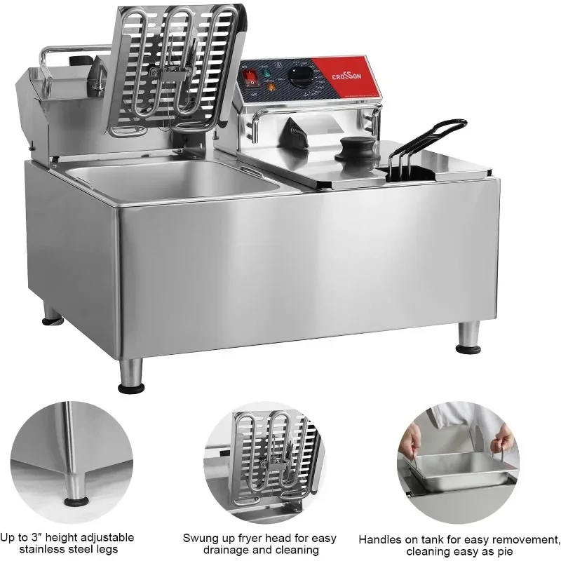 CROSSON ETL Listed 30Lbs Dual Tank Electric Commercial Deep Fryer with Solid Basket,Lid and Height Adjustable Legs