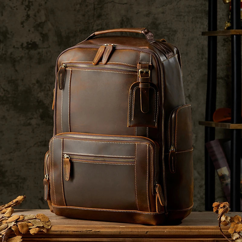 Vintage England Style Top Layer Cowhide Leather Backpack Handmade Genuine Leather Travel Rucksack Men Large Capacity Laptop Bag