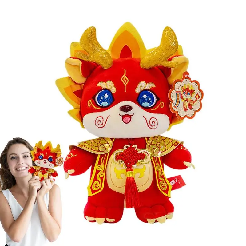 Chinese New Year Dragon Plush Toy 2024 New Year Chinese Zodiac Horned Dragon Cute Stuffed Red Dragon Mascot Plushies Doll kids