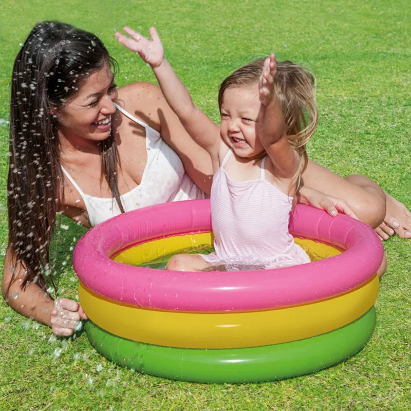 

Разноцветный надувной детский бассейн С закатом, 24x9 дюймов, Детский круглый бассейн с 3 кольцами, легко устанавливается в подарочной коробке