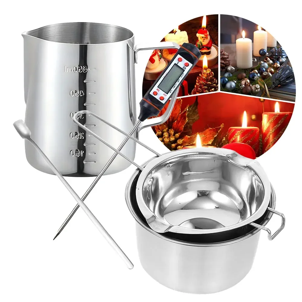 Wax Melting Pot 5Pcs 400ml/800ml Candle Making Set 600ml Scale Measuring Cup Long Handle Split Charging Mixing Spoon Thermometer
