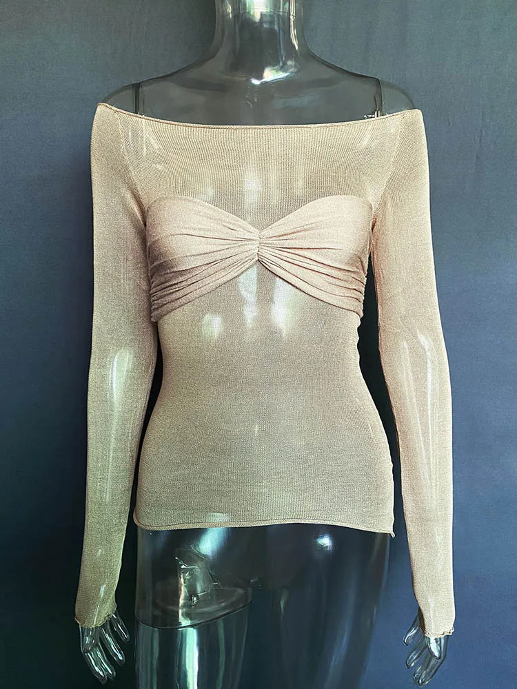 Sexy Long Sleeve Shoulder Gauze T-shirts Women Slim Solid Versatile T-Shirt 2025 Spring Female Fashion Off Shouler Tops