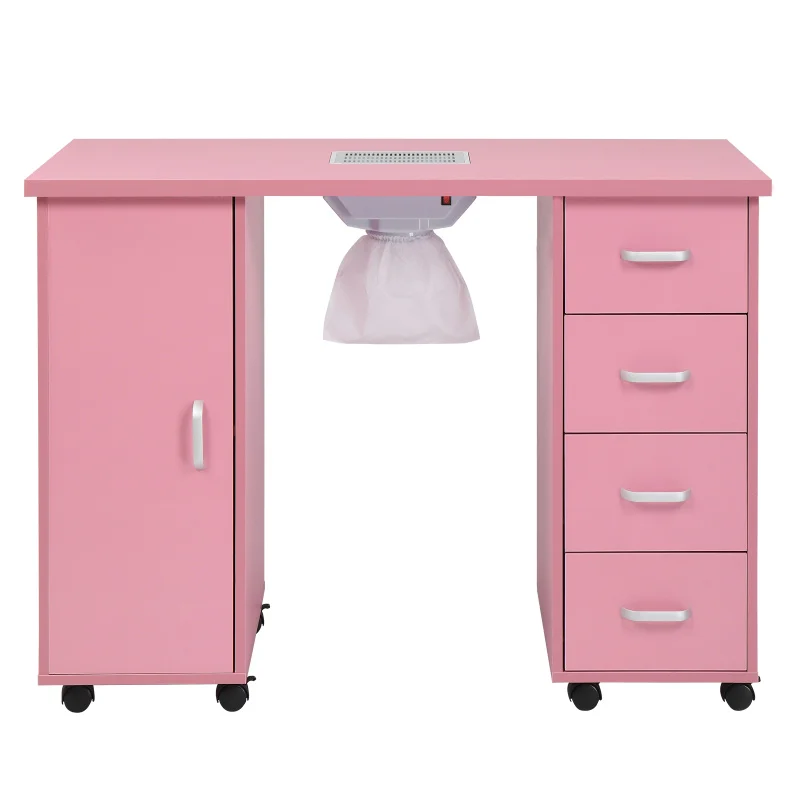 

Double Edged Nail Table Station With 1 Door&4 Drawers&Fan MDF Manicure Desk White/Pink/Black