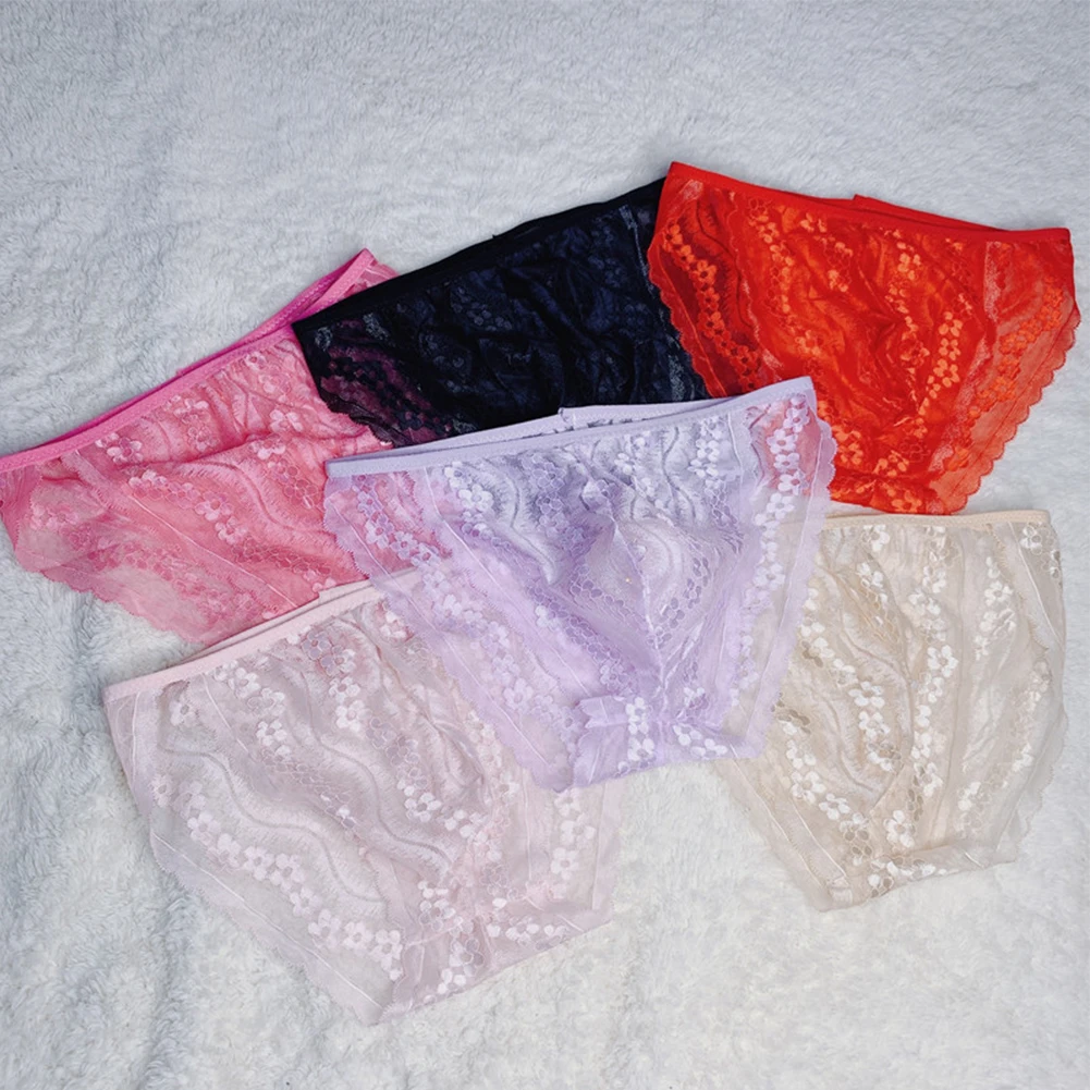 

Men Sexy Bikini Briefs Ultra-Thin Full Lace Panties Solid Super Elasticity Thong T-back Pouch G-string Intimates Underwear