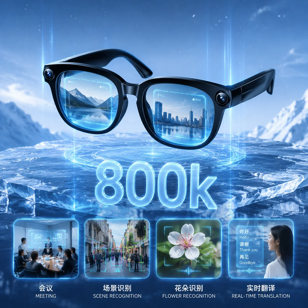 Occhiali Smart AI con Fotocamera 4K HD 800MP, Registrazione Video, Traduzione, Lenti Fotocromatiche, Chiamate Bluetooth, Musica, Occhiali Multifunzione