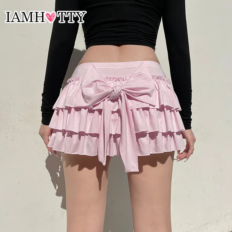 IAMHOTTY Japanese Sweet Low-waisted Mini Skirt Pink Back Bow Tiered Ruffle A-line Skirts Kawaii Lolita Style Multi Layered Skirt