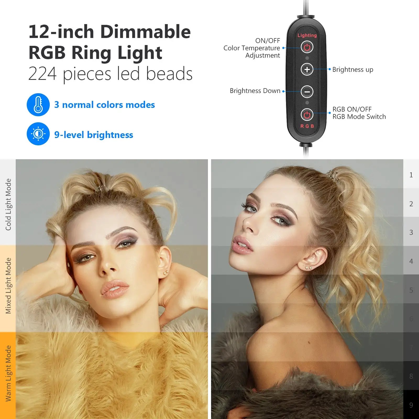 NEEWER RGB LED 링 라이트, USB 밝기 조절, 사진 스튜디오 필 램프, 삼각대 스탠드, 433MHz 리모컨, 10 인치
