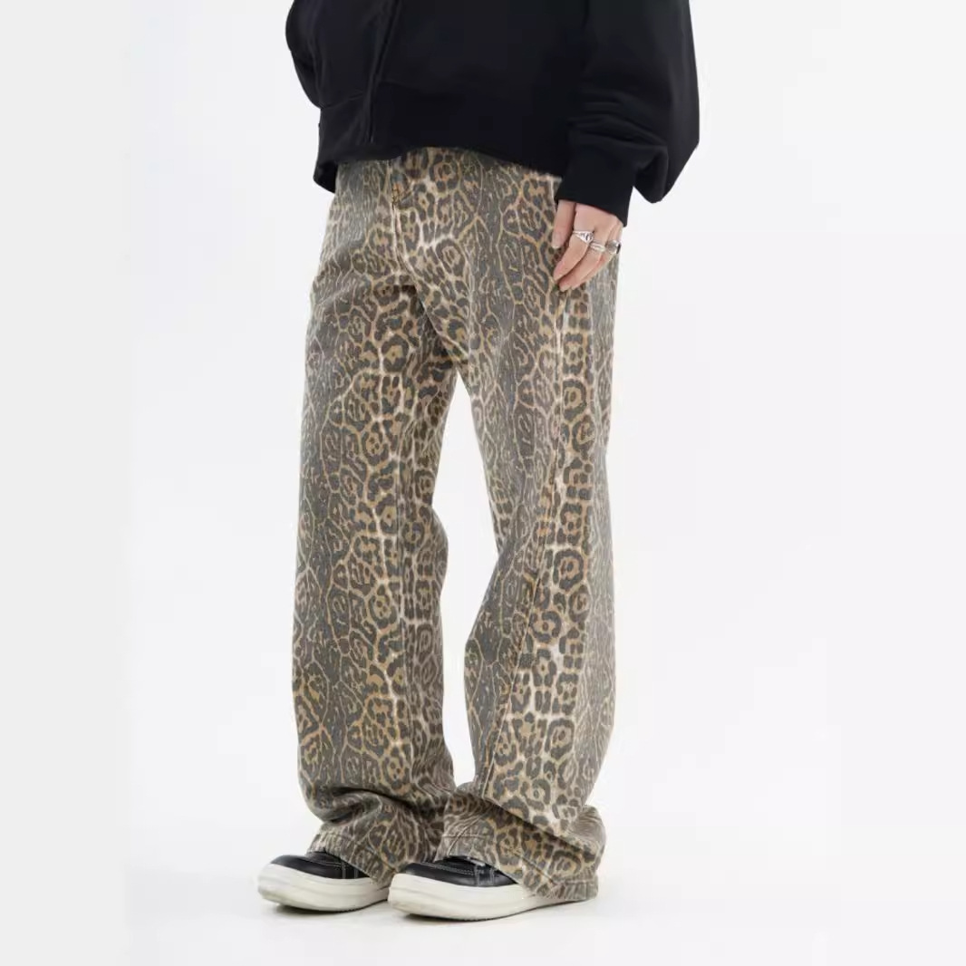Fashion Vintage Women Jeans Leopard High Waist Hip Hop Casual Office Lady Wide Leg Pants Elegant Y2K Loose Straight New Trousers