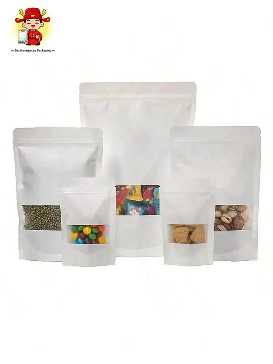 50/100 Stück weiße Kraftpapier-Standbeutel mit Fenster, für Süßigkeiten, Nüsse, Tee, Feiertage, Weihnachten, Partygeschenke, Verpackungsbeutel