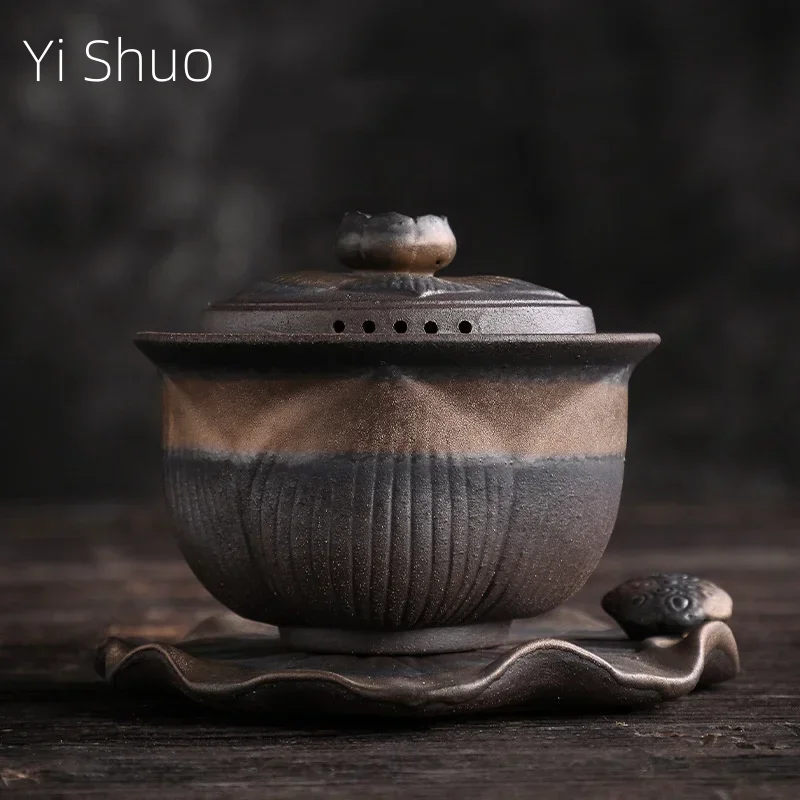 Large Earthenware Sancai Gai Wan Cha Cup Kung Fu Tea Manual Vintage Tea Bowl Coarse Pottery Set Gaiwan Sopera De Ceramica