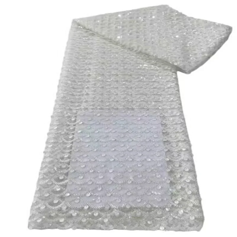 

White High Quality African Nigerian Latest Tulle Lace Fabric With Embroidery Sewing Guipure Organza Prom Dresses Sequins5Yards