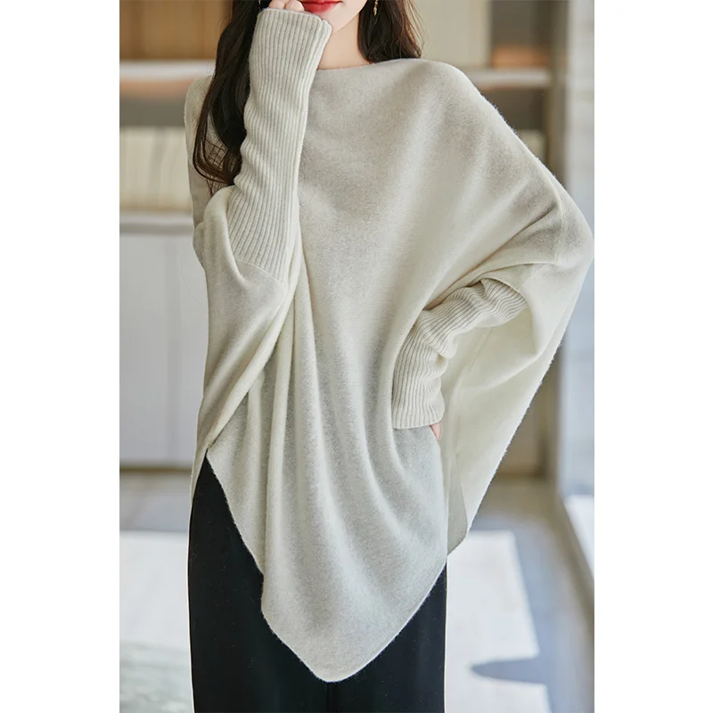 Ladies' temperament, triangular shawl, cashmere knit, one cut neck, solid color cape style, winter fashion, warm and cozy outfit 4
