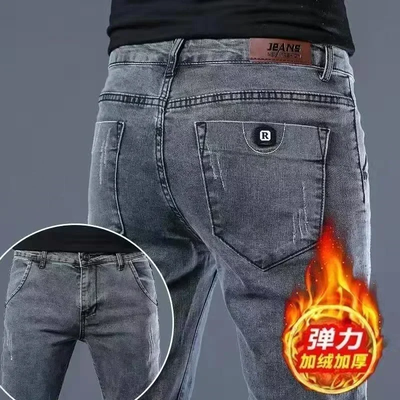 2024 Autumn and Winter New Classic Fashion Trend Plus Fleece Stretch Shorts Men's Casual Comfort Warm High Quality Jeans 27-38 2