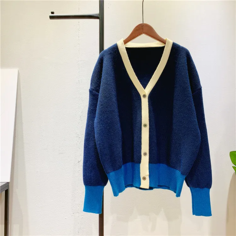 2021 Autumn Women Cardigans Color Patch Women V-Neck Single Breasted Knitted Sweater Female Cardigans Fruit Print Outwear turtleneck Sweaters