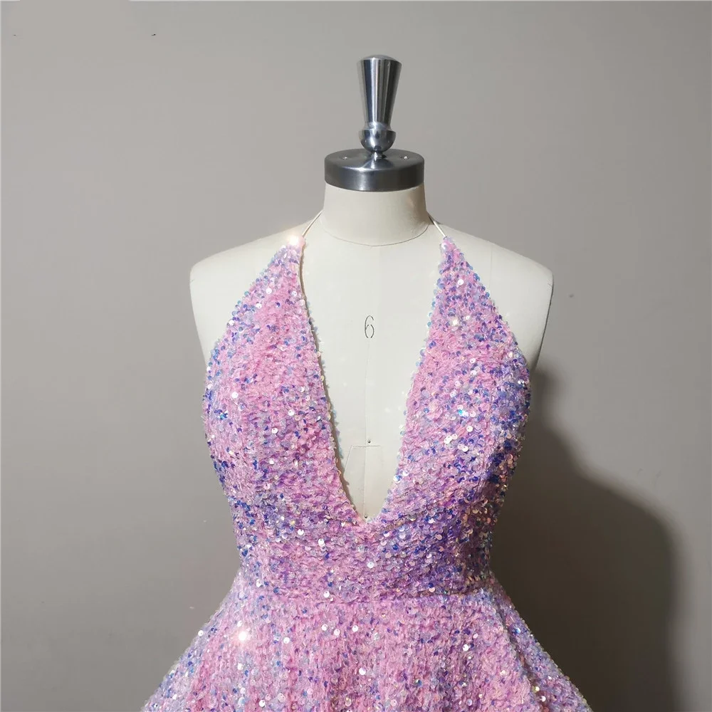 Sexy Backless Sink Miniskirt Deep V-neck Sleeveless Sequins Cocktail Dress Layered vestidos de fiesta elegantes para mujer