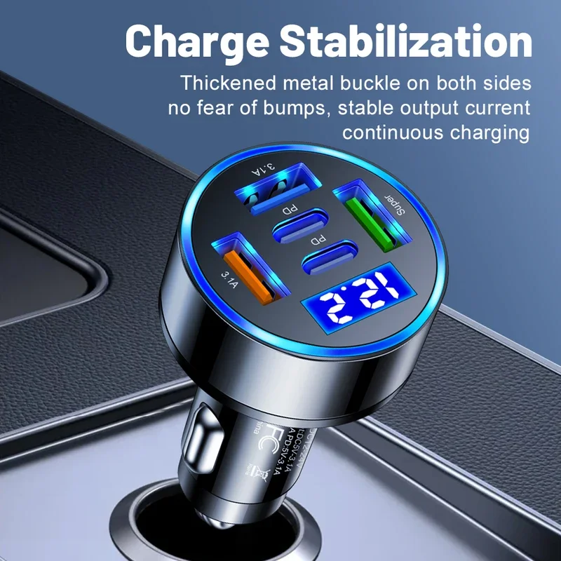 66W 5/6Port USB Car Charger Fast Charge Digital Display Monitoring Chargers For IPhone Samsung Xiaomi Cigarette Lighter Adapter