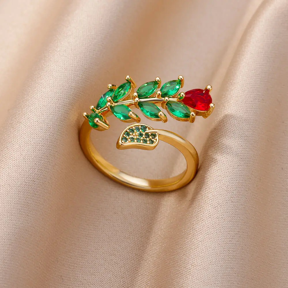 Zircon Green Rose Flower Rings For Women Stainless Steel Adjustable Leaves Ring