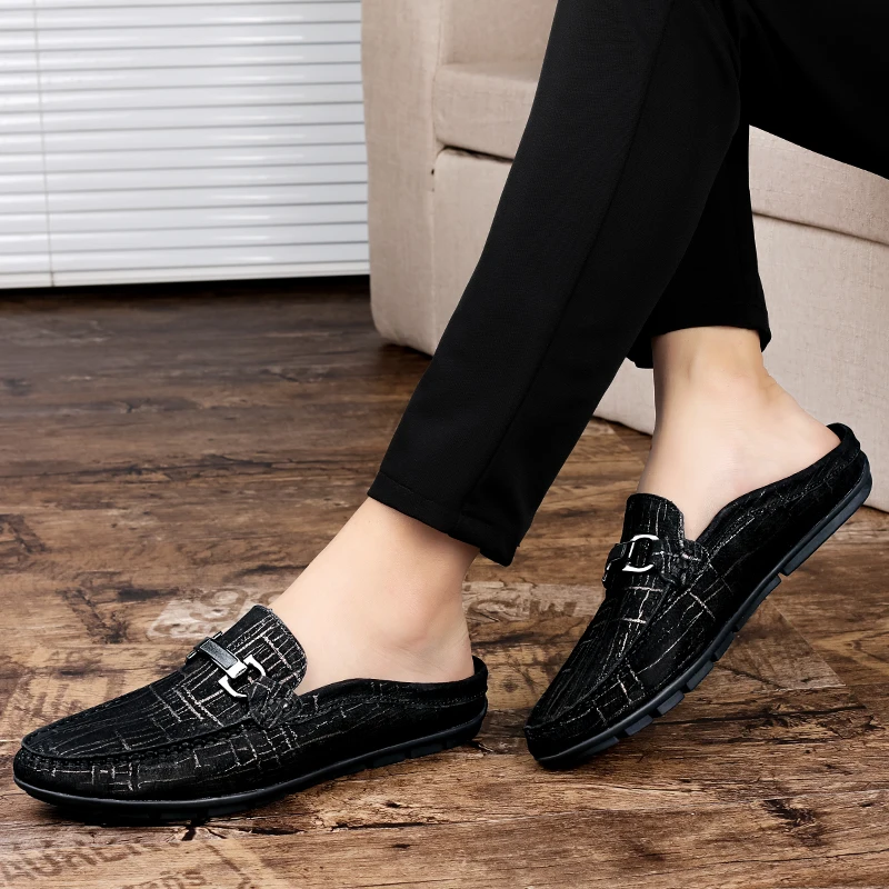 

New Fashion Genuine Cowhide Casual Half Shoes Male Backless Loafer Half Footwear Hombre Open Back Leather Comfy Mocassin 37-46