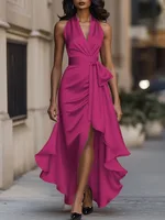 Freeacy Women's Deep V-neck Ruffled Evening Gowns Solid Color Lace-up High Waist Satin Party Dresses Wedding Guests Dress - Image 5