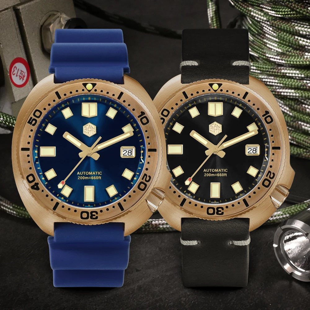 Mechanical Watch San Martin 44mm Abalone V4 Turtle Solid Bronze Vintage Diver Men 20 Bar Luminous Leather Strap