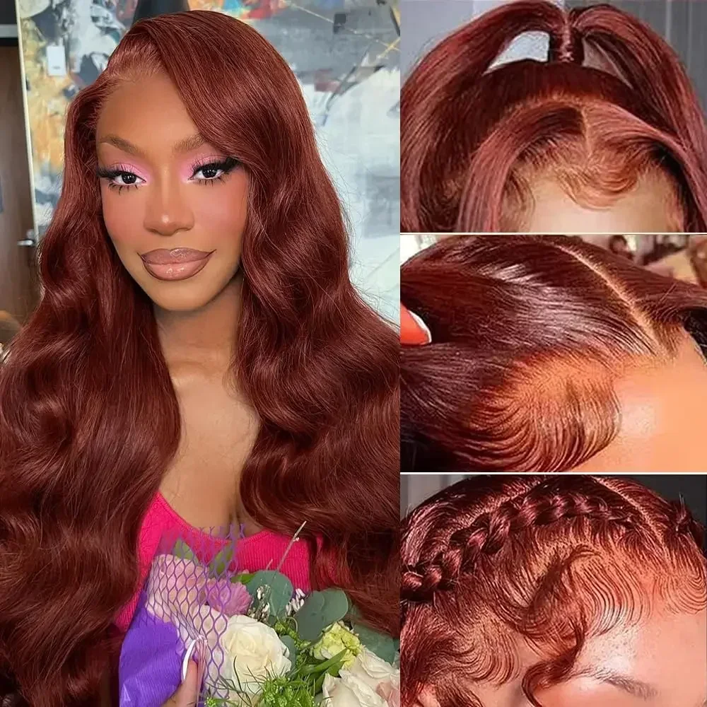 Reddish Brown Body Wave Lace Front Wigs Pre Plucked 180 Density Auburn Colored Synthetic Glueless Wigs For Women