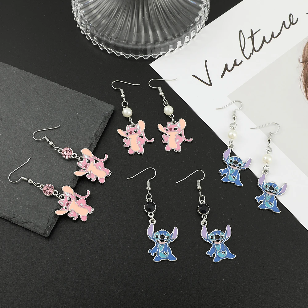 Disney Lilo & Stitch Drop Earrings for Women Girls Cosplay Accessories Stitch and Angel Pearl Crystal Pendant Earring Gifts