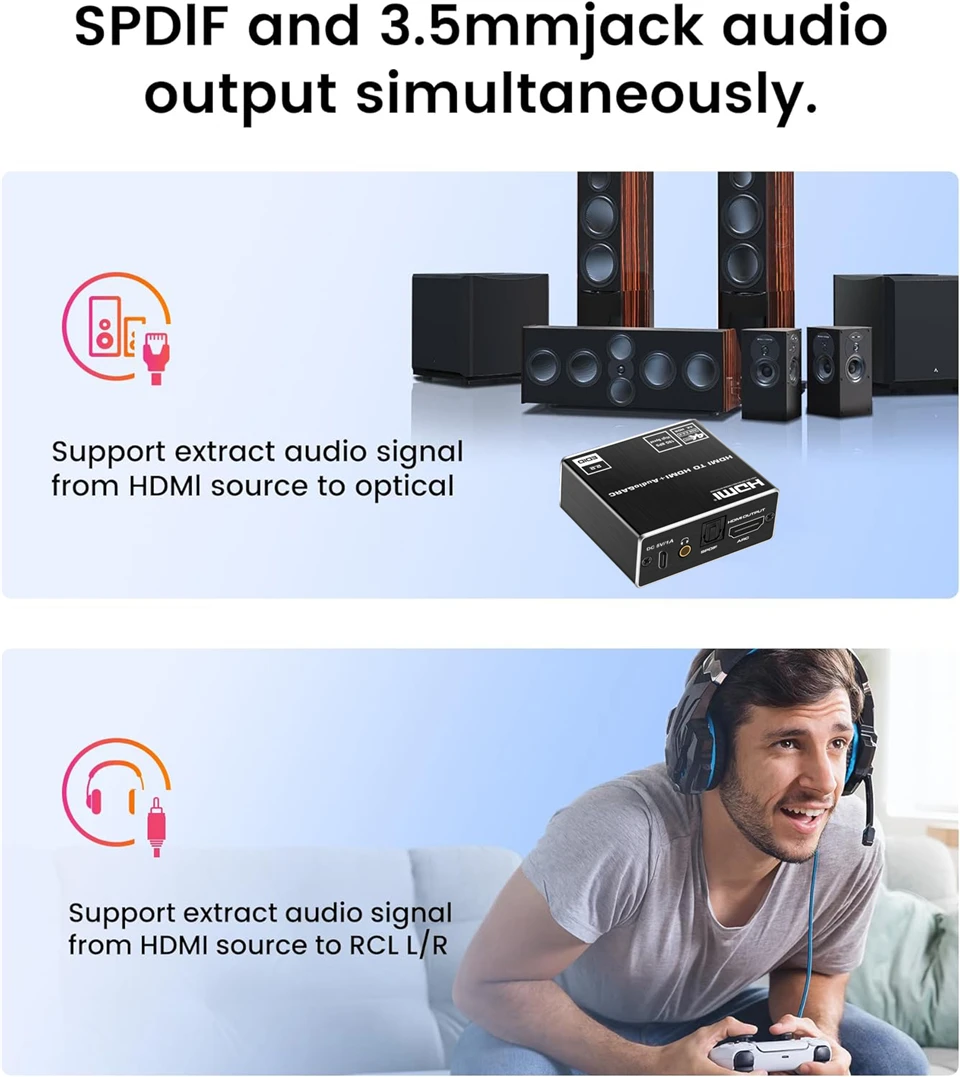 HDMI Audio Extractor HDMI to SPDIF Optical Toslink 3.5 Aux+4K HDMI Converter fo