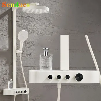 สีขาวน้ําตกห้องน้ําชุดฝักบัวร้อนเย็นห้องน้ําระบบก๊อกน้ํา 12 นิ้วหัวฝักบัวทองเหลืองห้องน้ําระบบชุด 1