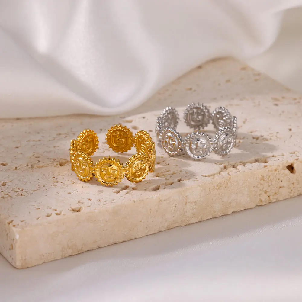 Vintage Sun Face Rings Women Gold Stainless Steel Adjustable Ring