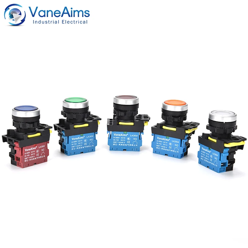 VaneAims 순간 자동 리셋 푸시 단추, LA36M 시리즈 1NO, 12v, 24v, LED 라이트 래칭 단추 스위치, 켜기, 끄기 쉬운 설치, 22mm