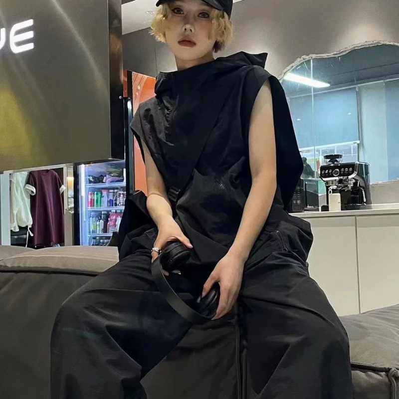 HOUZHOU 여성용 오버사이즈 테크웨어 바람막이 민소매 재킷, 한국 패션 스트리트웨어, 블랙 조끼, 자외선 차단 지퍼 후드, 여름 