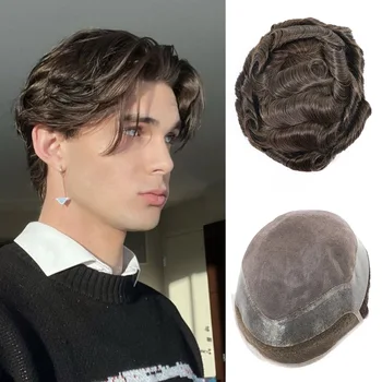 Parrucchino marrone scuro per uomo Protesi per capelli umani Frontale in pizzo svizzero con PU attorno al parrucchino 30mm Wave Mans Wig System 8x10 7x9