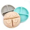 4PCS Silicone Children Tableware Baby Feeding Set Silicone Dinner Plate Wood Handle Spoon Fork Silicone Bibs BPA Free 2