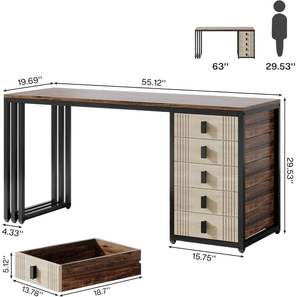 Computer Desk with 5 Drawers, 55-Inch Home Office Desk with Reversible File Drawer Cabinet, Modern Wooden Work Writin 2