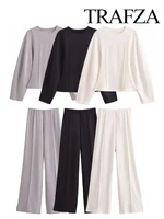 TRAFZA Femmes Nouvelle Mode Minceur 2-Pièce Ensemble Double-Face Tissu Tour Cou Manches Longues Haut + Élégant Stretch Casual Long Pantalon 5