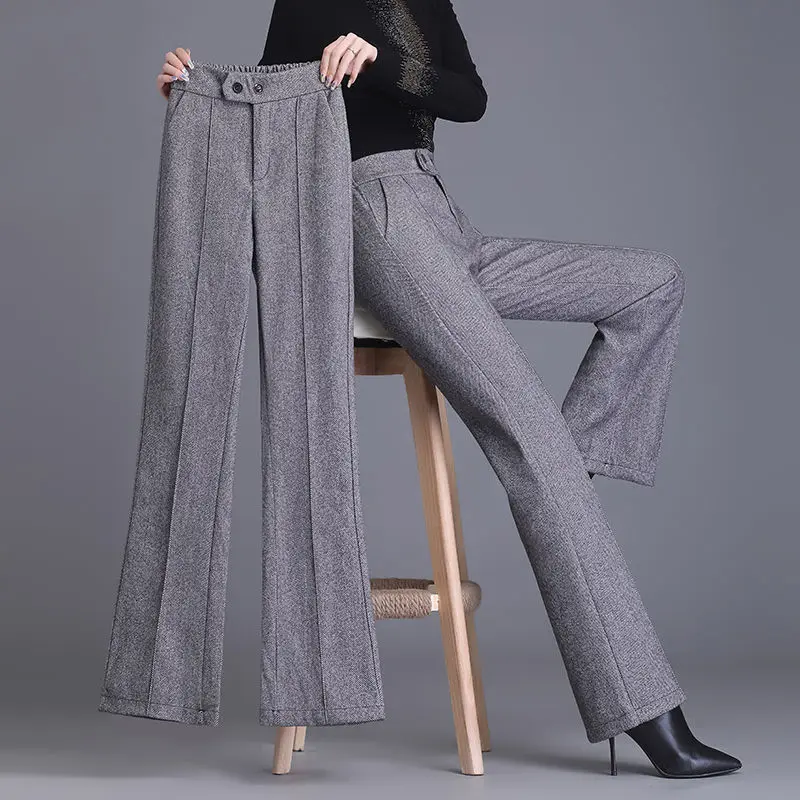 Office Lady Wool Blend Wide Leg Pant 2024 Korean High Waist Flare Trousers Women Plus Size Autumn Winter Woolen Suit Pantalon