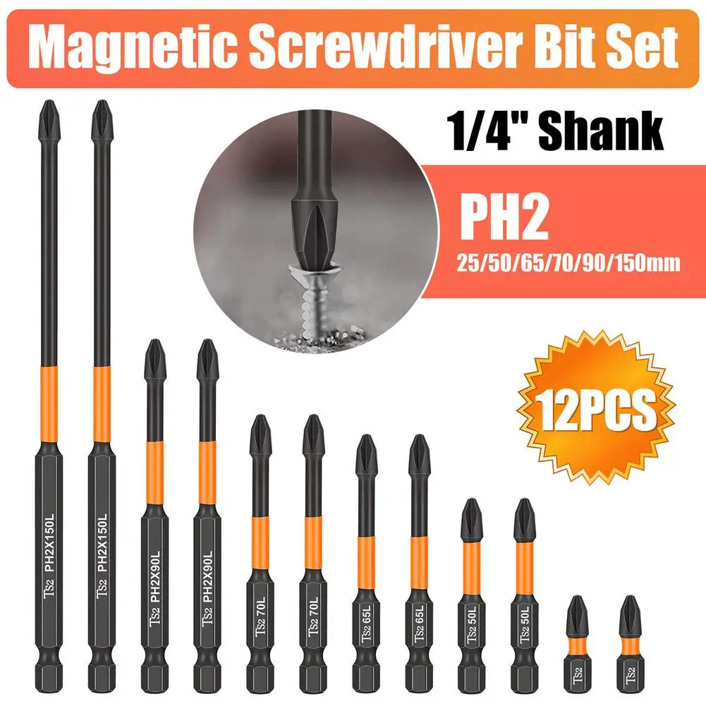 12Pcs PH2 Magnetic Screwdriver Drill Bits 1/4” Shank Strong Magnets Excellent Hardness Impact Driver Bit Set