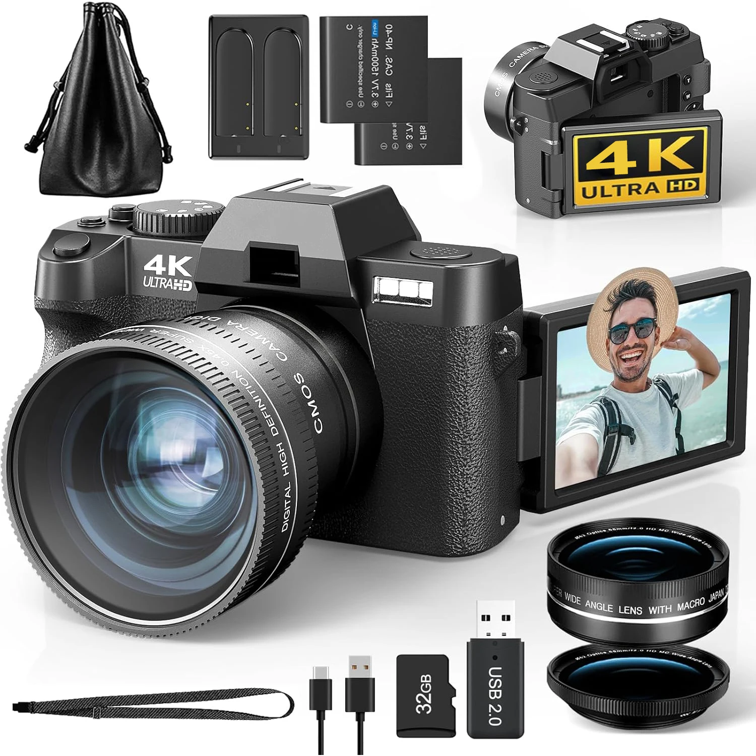 4K Macro Lens Digital Camera with Flip Screen