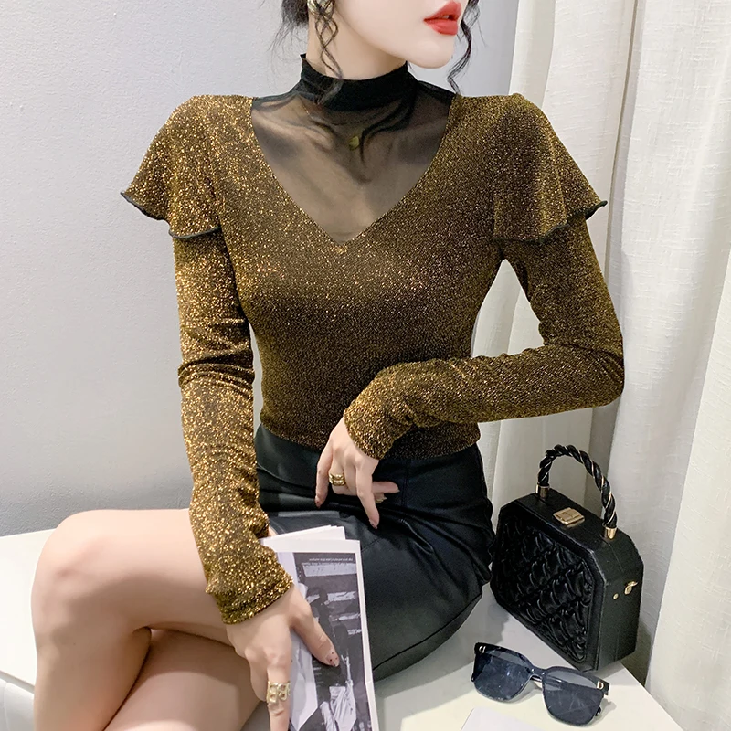 

Shiny Bright silk Mesh Tops For Women Clothing Autumn Winter Long-sleeved Bottoming T shirt Ruffles Slim Tees