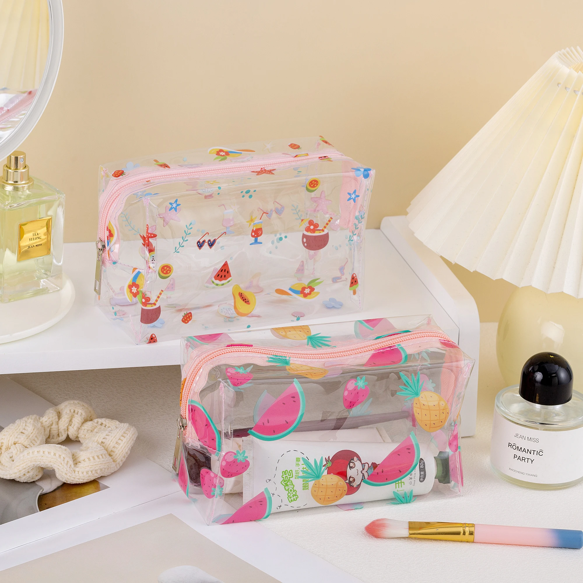 Women Girls Cute Transparent Clear PVC Watermelon Strawberry Fruits Lips Full Printed Summer Cosmetic Makeup Bag Cosmetic Zipper 6