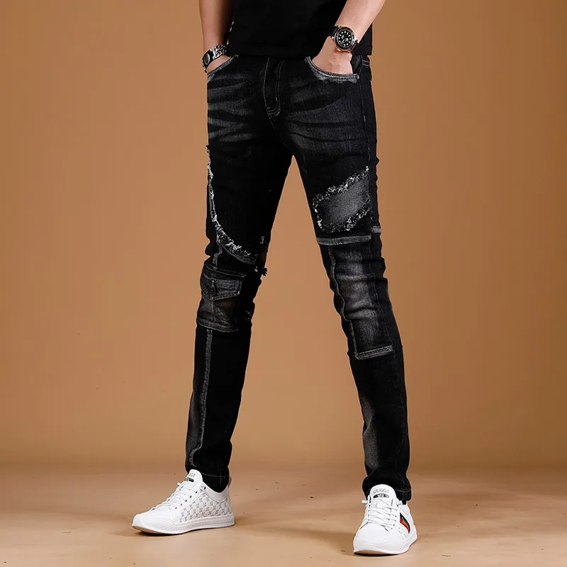 Black Jeans Men 2023 New Fashion Biker Slim Fit Pencil Pants Streetwear Casual Cotton Patchwork Pocket Patch Denim Trousers new men s stretchy black jeans skinny punk hip hop streetwear biker pants rhinestone hole slim fit denim pencil trousers for man