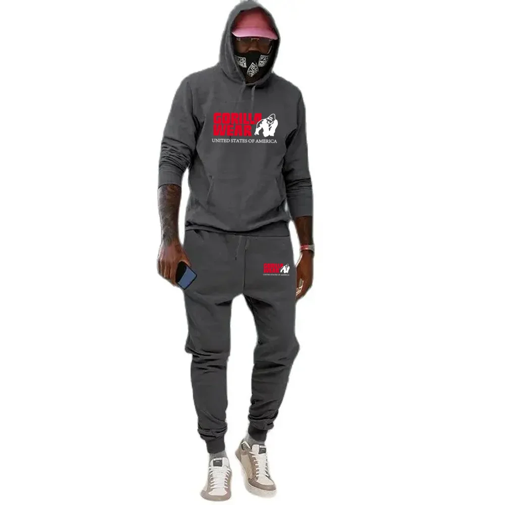 Autumn Winter Men's Sets Funny Graphics Gorilla Wear Printed Plus Fleece Fashion Hoody Men Hoodies Sweatshirts Sweatpants Suit 4