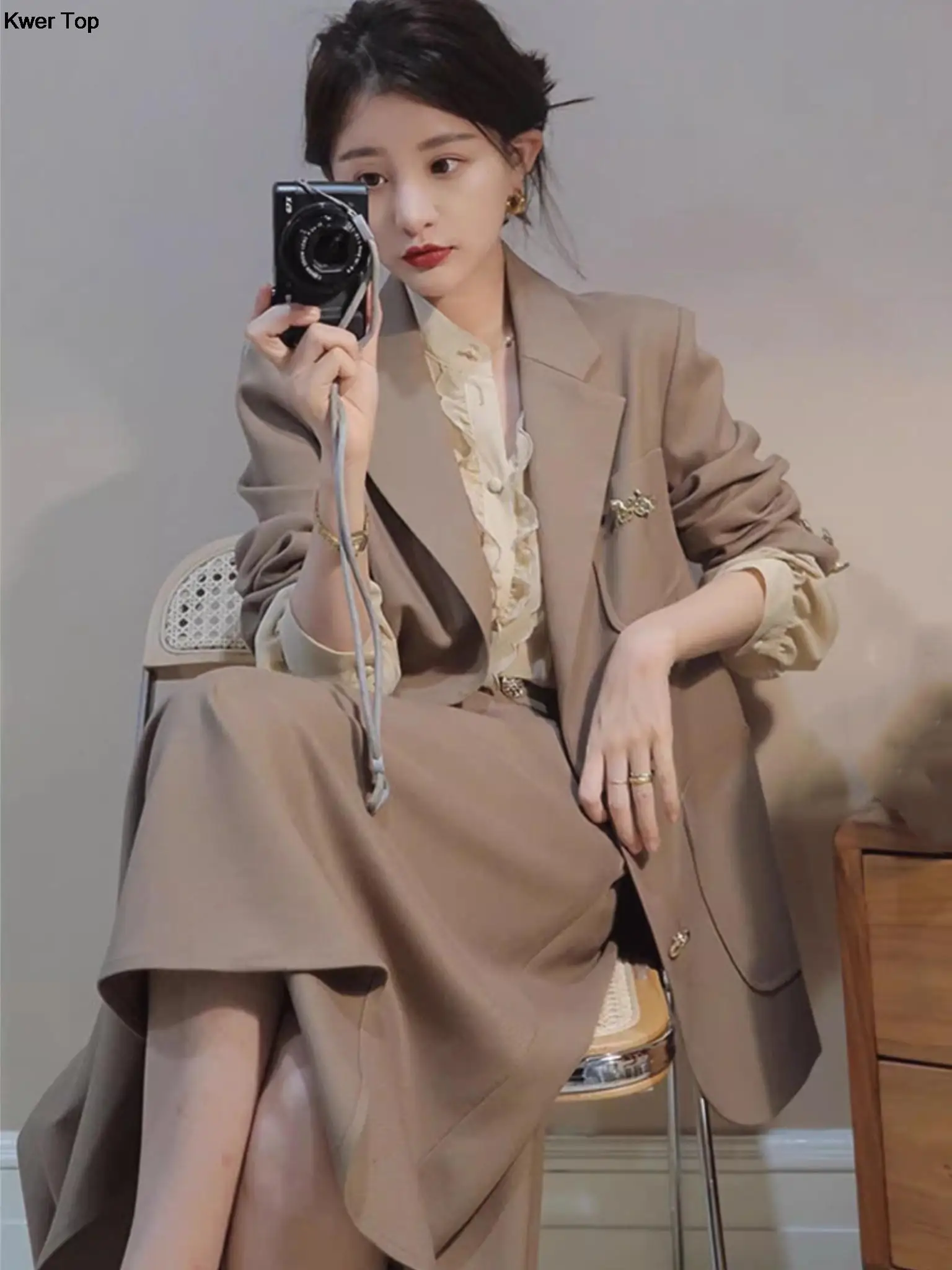 

Autumn New Elegant Blazers Suit for Women Notched Collar Coat Hight Waist Skirt 2 Piece Set Office Lady Business Uniform Outfits