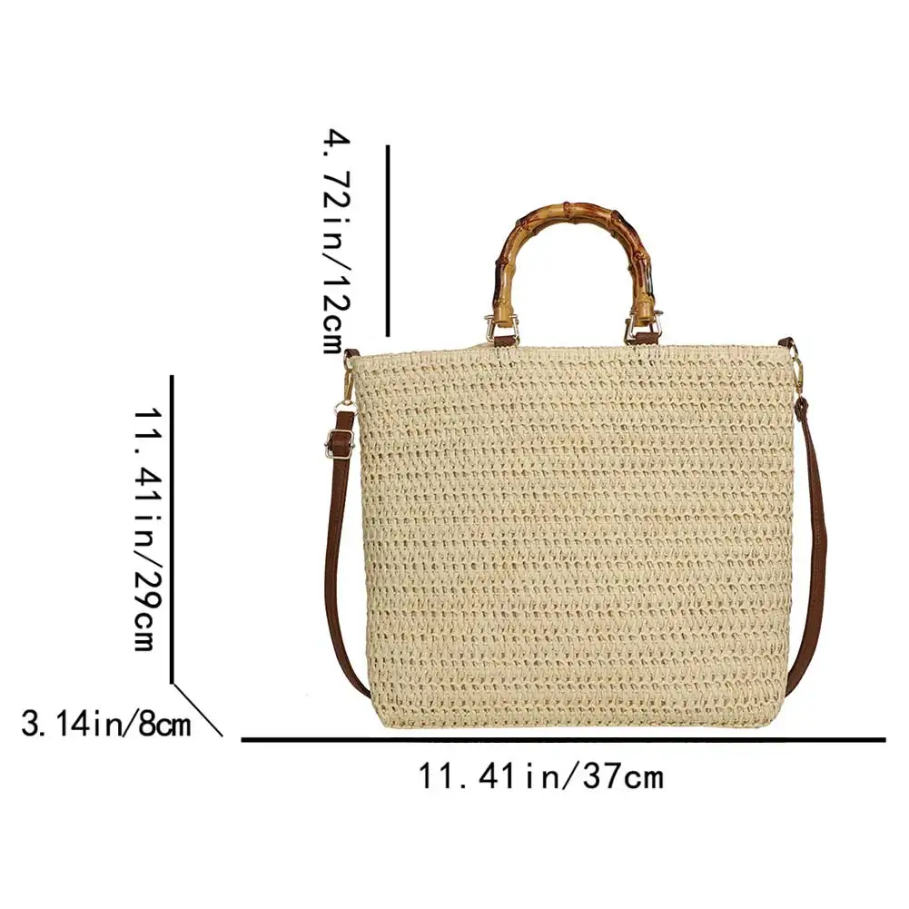 Borse da donna con coulisse intrecciate a mano borsa a tracolla da donna in tessuto di paglia di grande capacità con manico in bambù - immagine 6