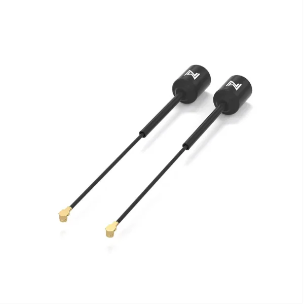 Antenne FPV LHCP 5.8GHz LDS en polycarbonate, détail du boîtier et du câble coaxial