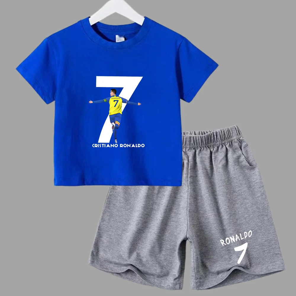 thumbnail image 1 of Traje deportivo de verano CR7 Ronaldo para niños de 2 a 14 años, conjunto de 2 piezas, camisetas de manga corta informales y pantalones cortos, conjuntos de ropa de ídolo para niños, 1 of 5