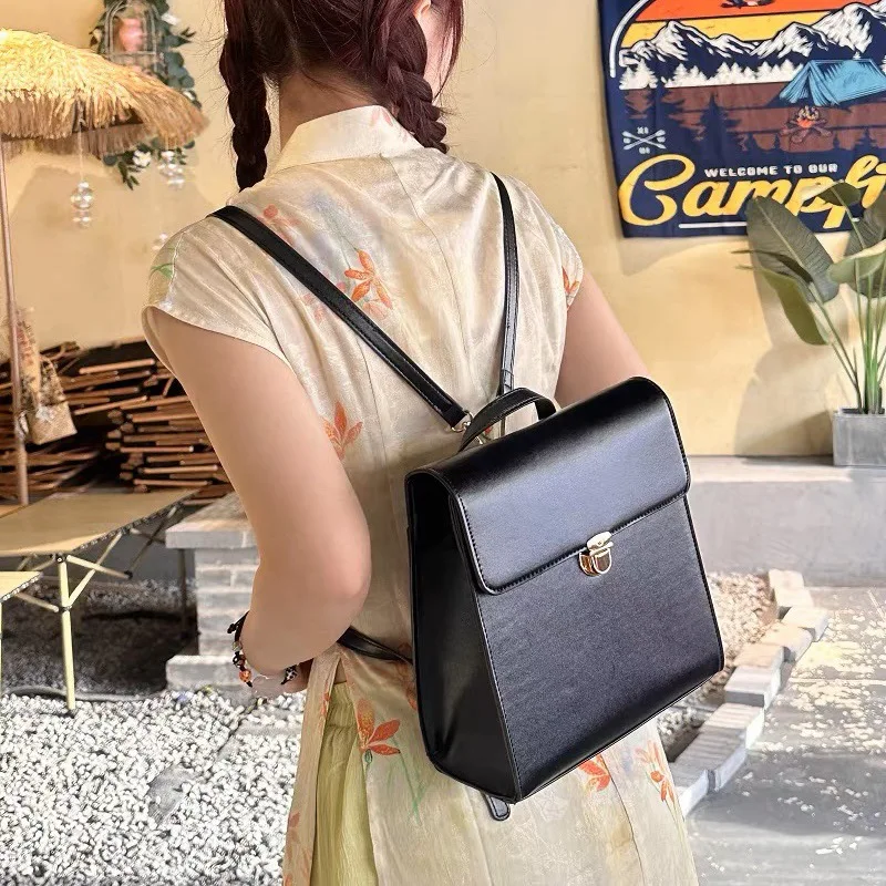 Vintage Women Backpack PU Leather Shoulder Bags for female  black Backpacks for Teenage Girls briefcase bags Daypack bagpack 4