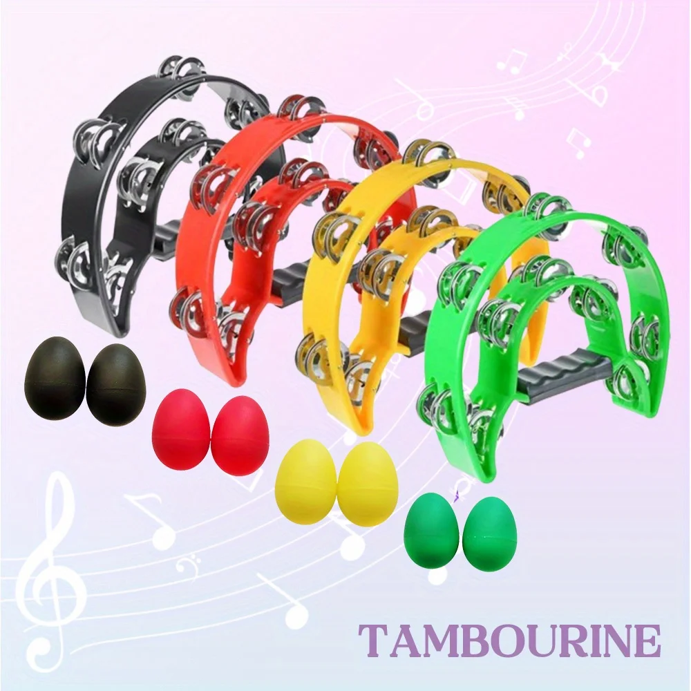 Half Moon Shaped Tambourine with Egg Shakers-Double Row Metal Jingles Handheld Bell Percussion Instrument for Dance Party KTV